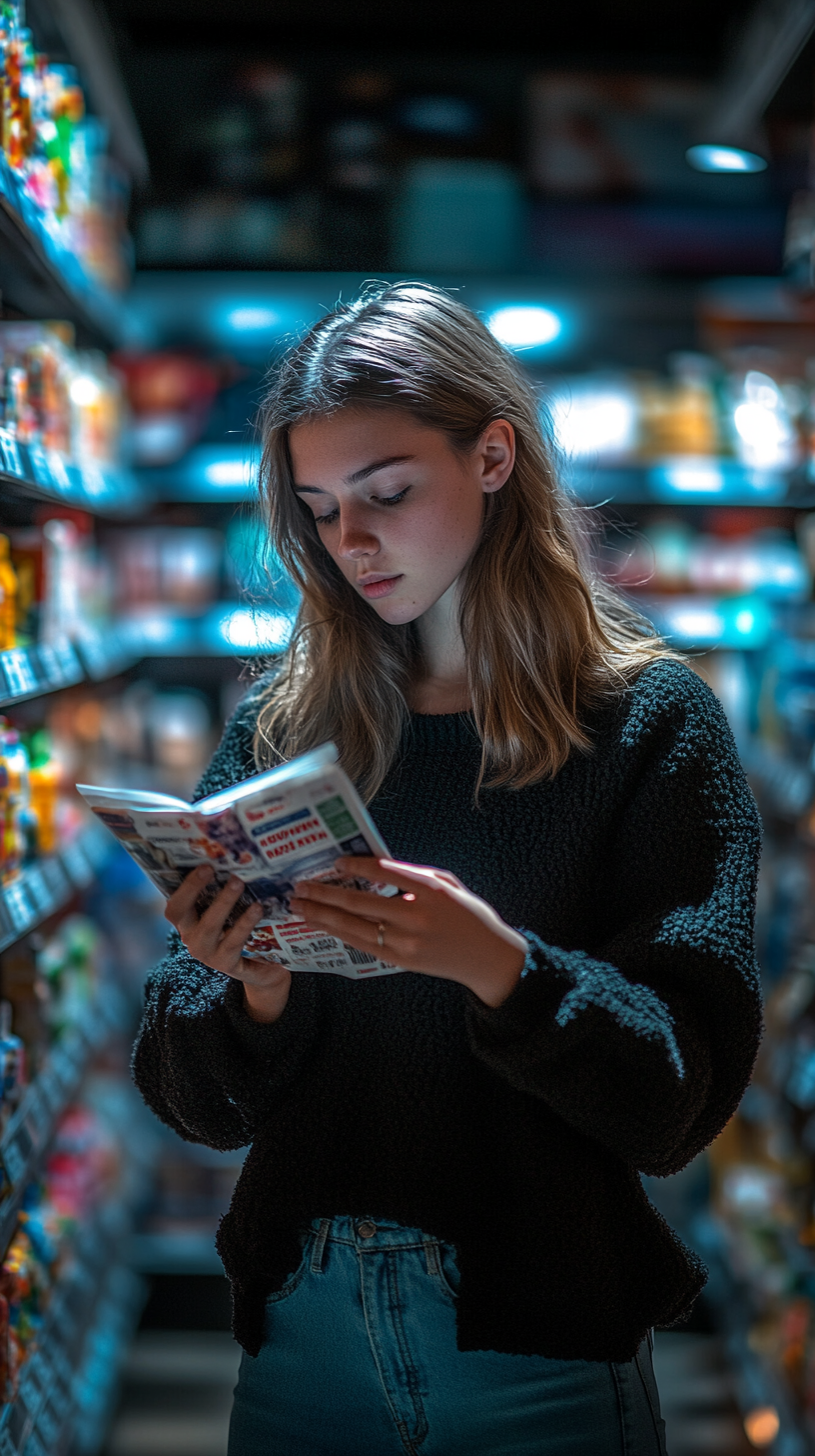 Young woman reads product label in well-lit supermarket