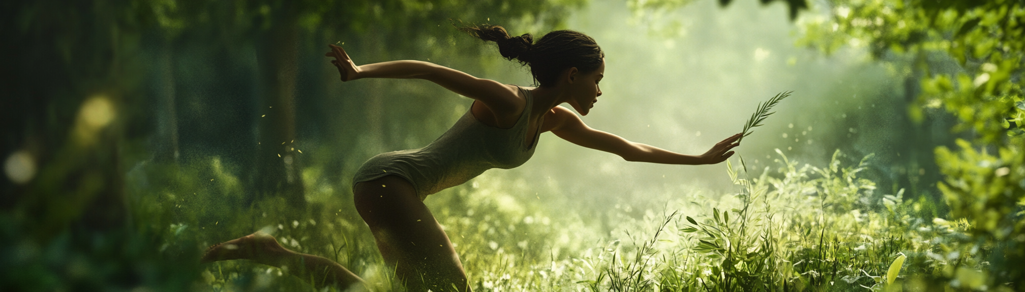 Young woman running in lush forest, enjoying nature.