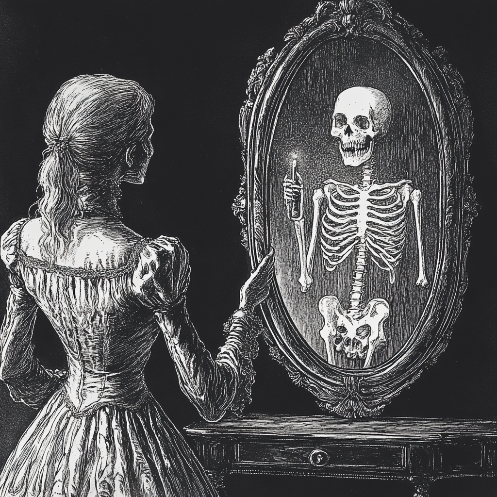 Young woman sees skeleton ghost in mirror