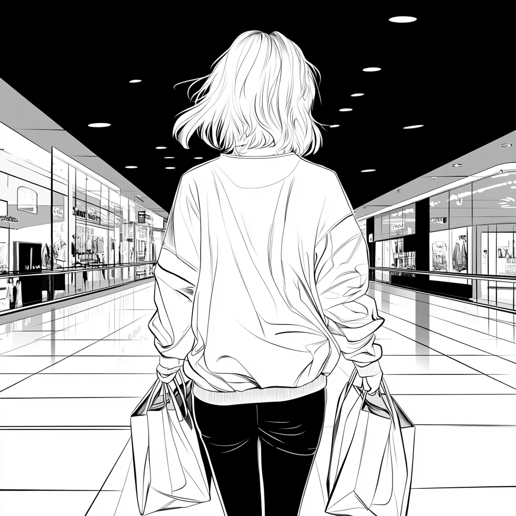 Young woman shopping with white clothes in mall