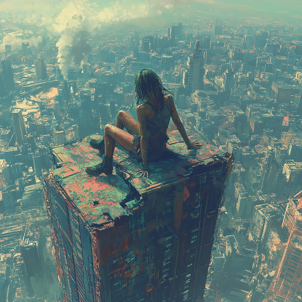 Young woman sits on broken skyscraper, back facing camera.