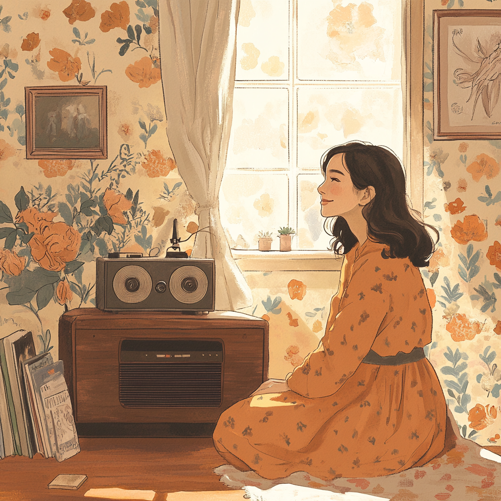 Young woman sitting by vintage radio in cozy room.