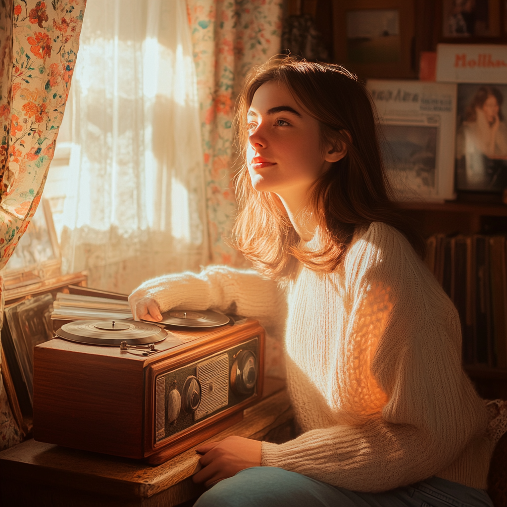 Young woman sitting by vintage wooden radio, smiling.