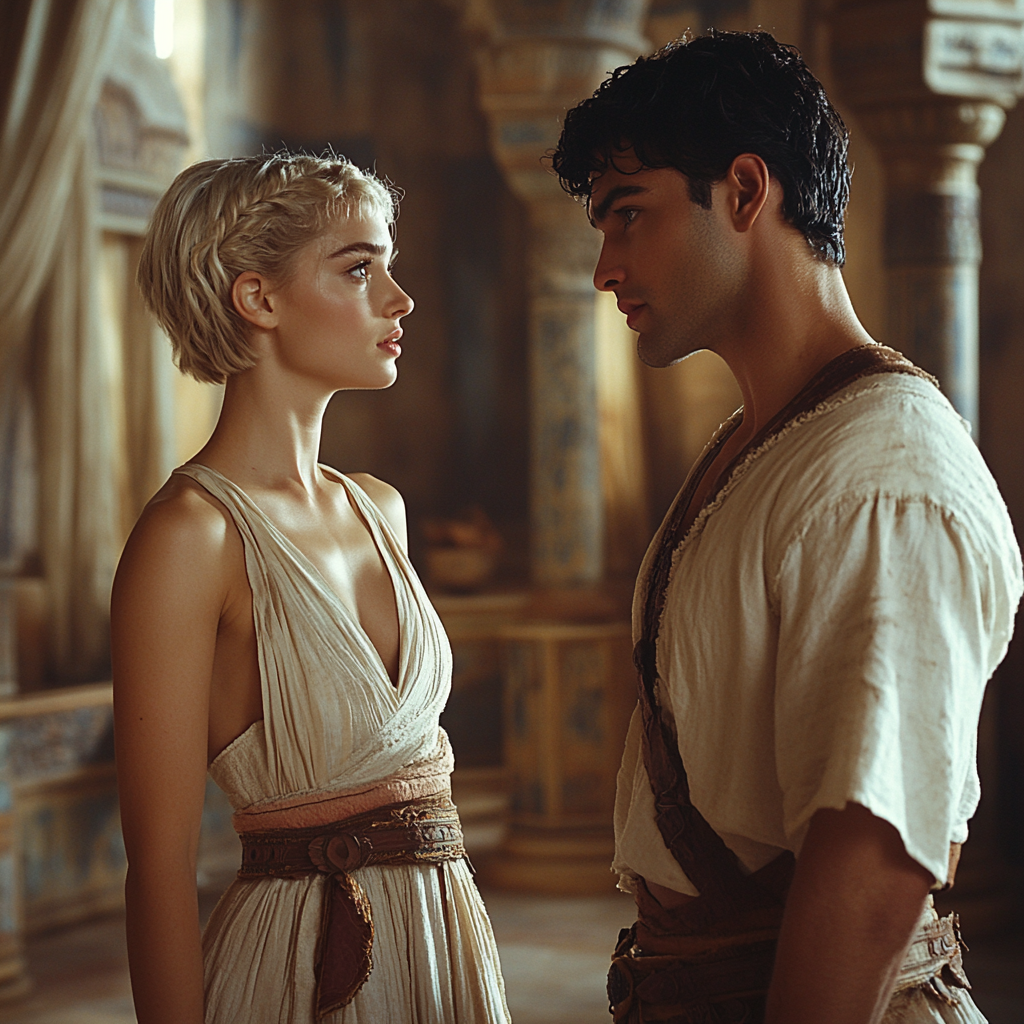 Young woman with blonde hair in white gown, man in white shirt in tropical palace.