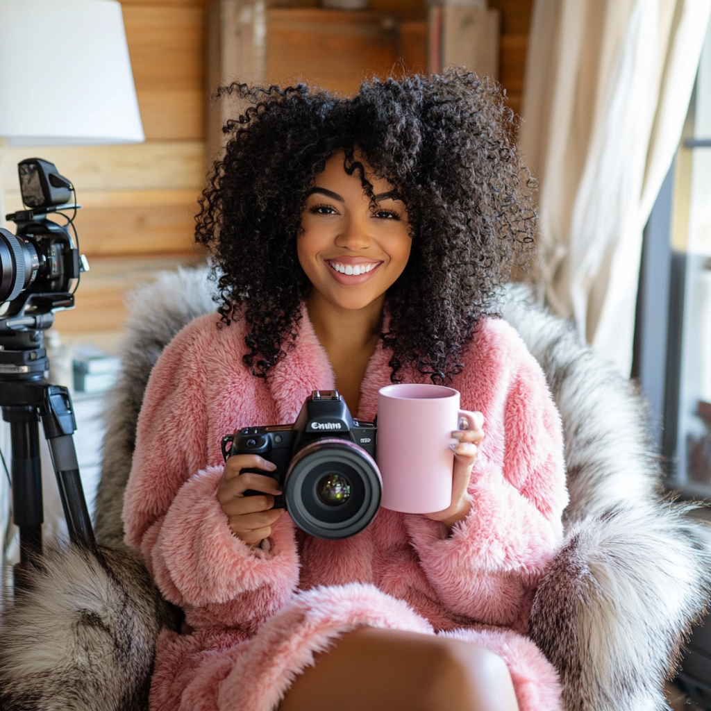 Young woman with curly hair recording video with mug.