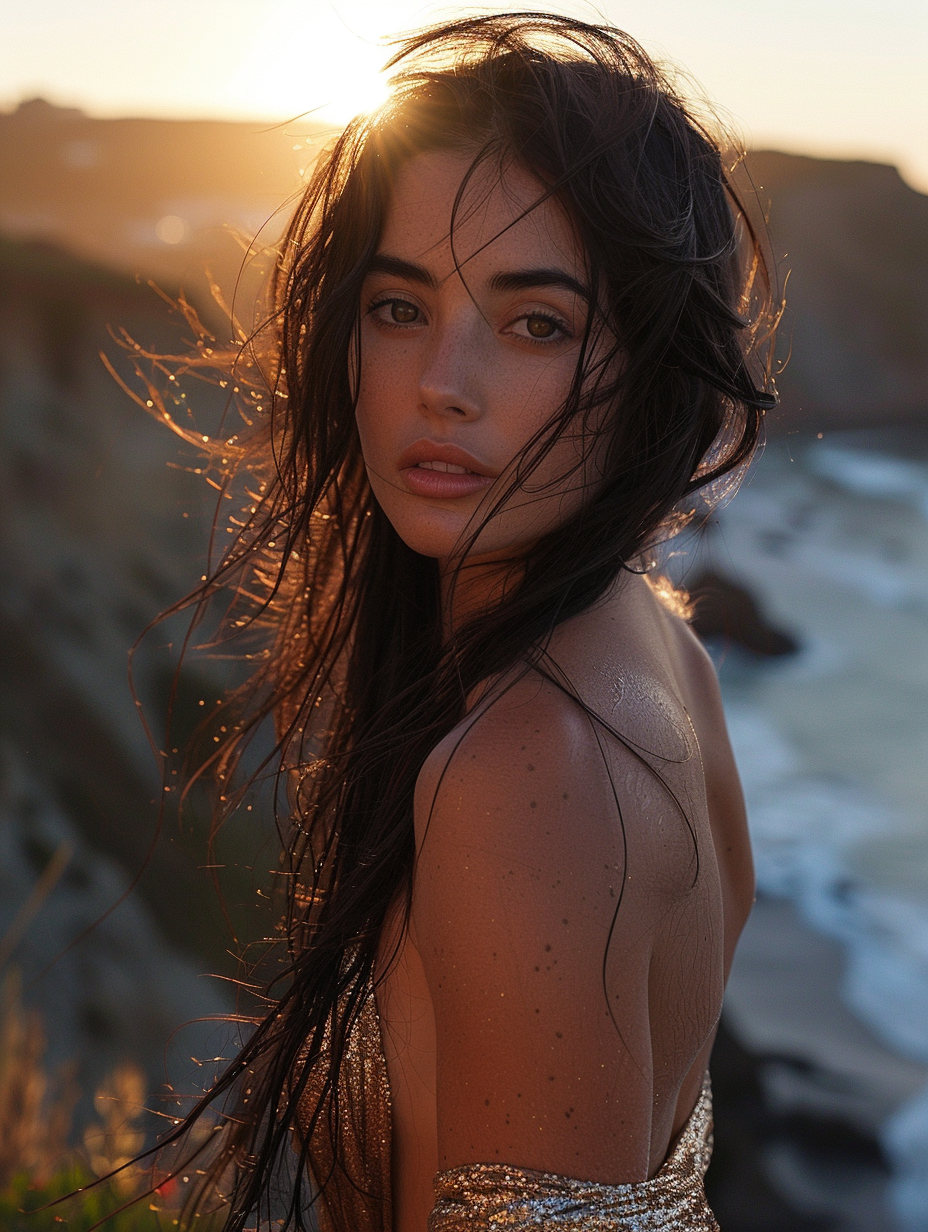 Young woman with flowing black hair stands near cliff.