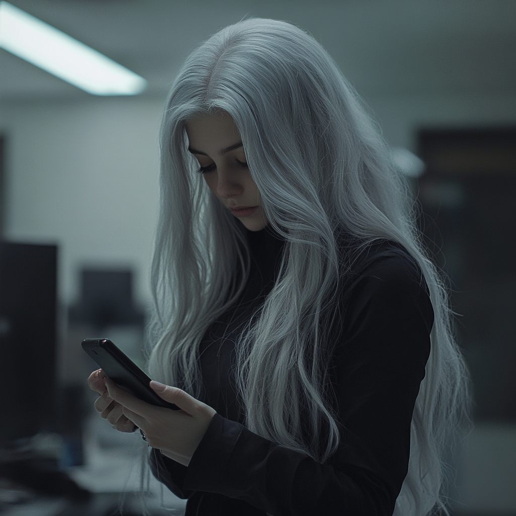 Young woman with long white hair, dressed in black.