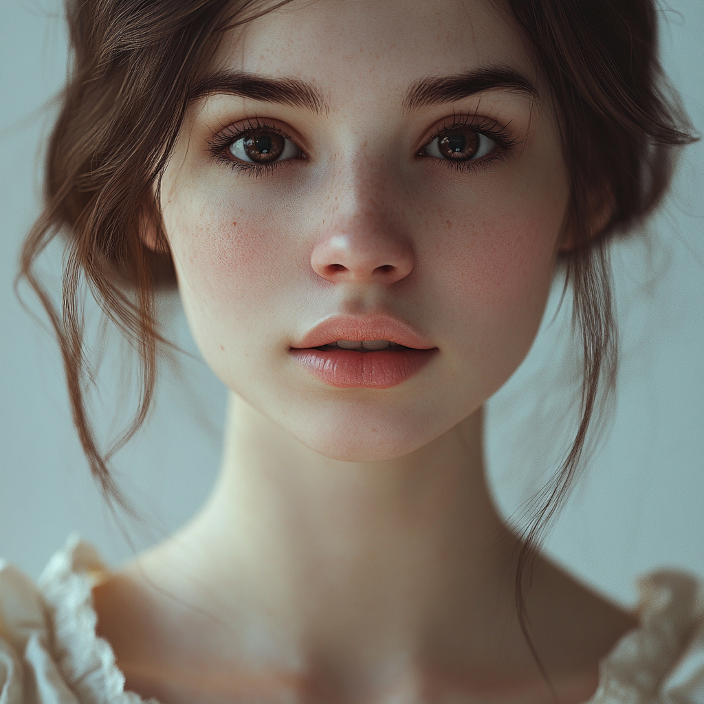 Young woman with oval face, dark eyes, blushing.