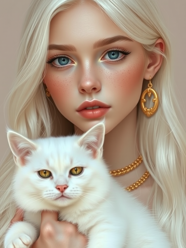 Young woman with platinum blonde hair, wearing gold jewelry, holding white cat.