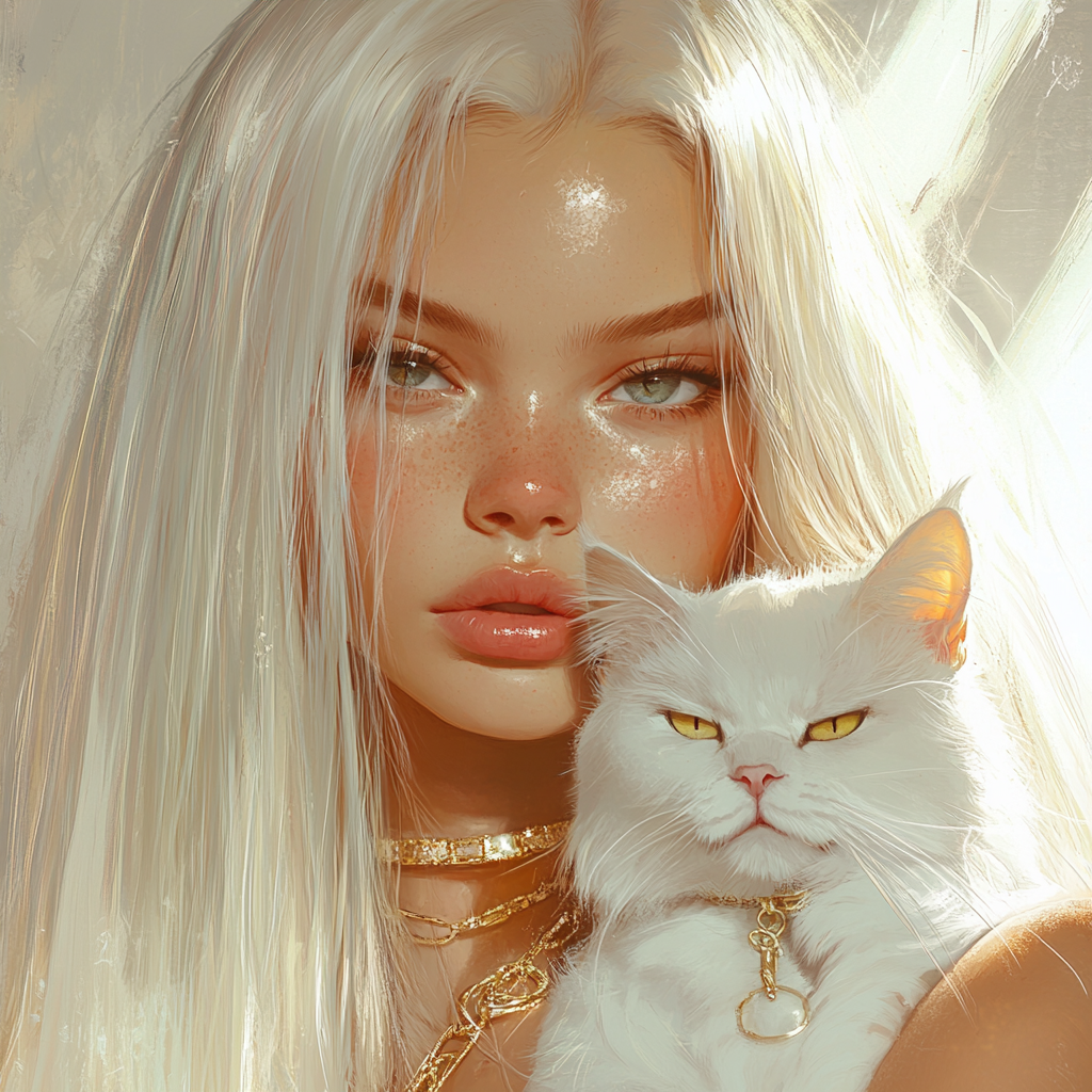 Young woman with platinum hair, gold jewelry, white cat.