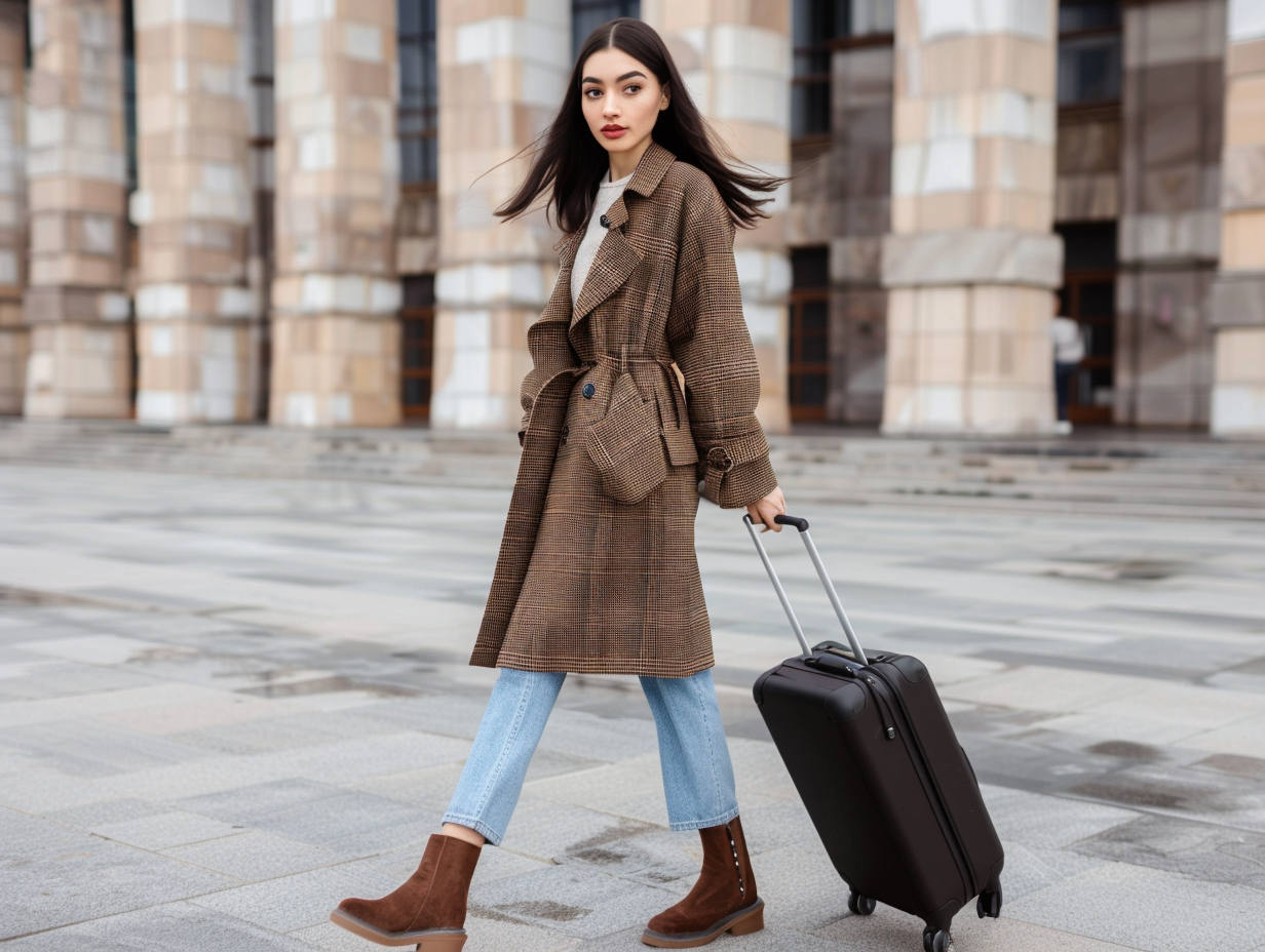 Young woman with suitcase, stylish outfit, thoughtful expression