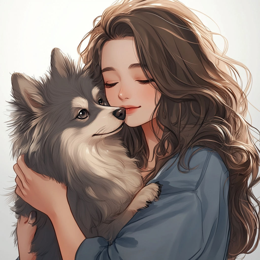 Young woman with wavy hair holding grey dog.