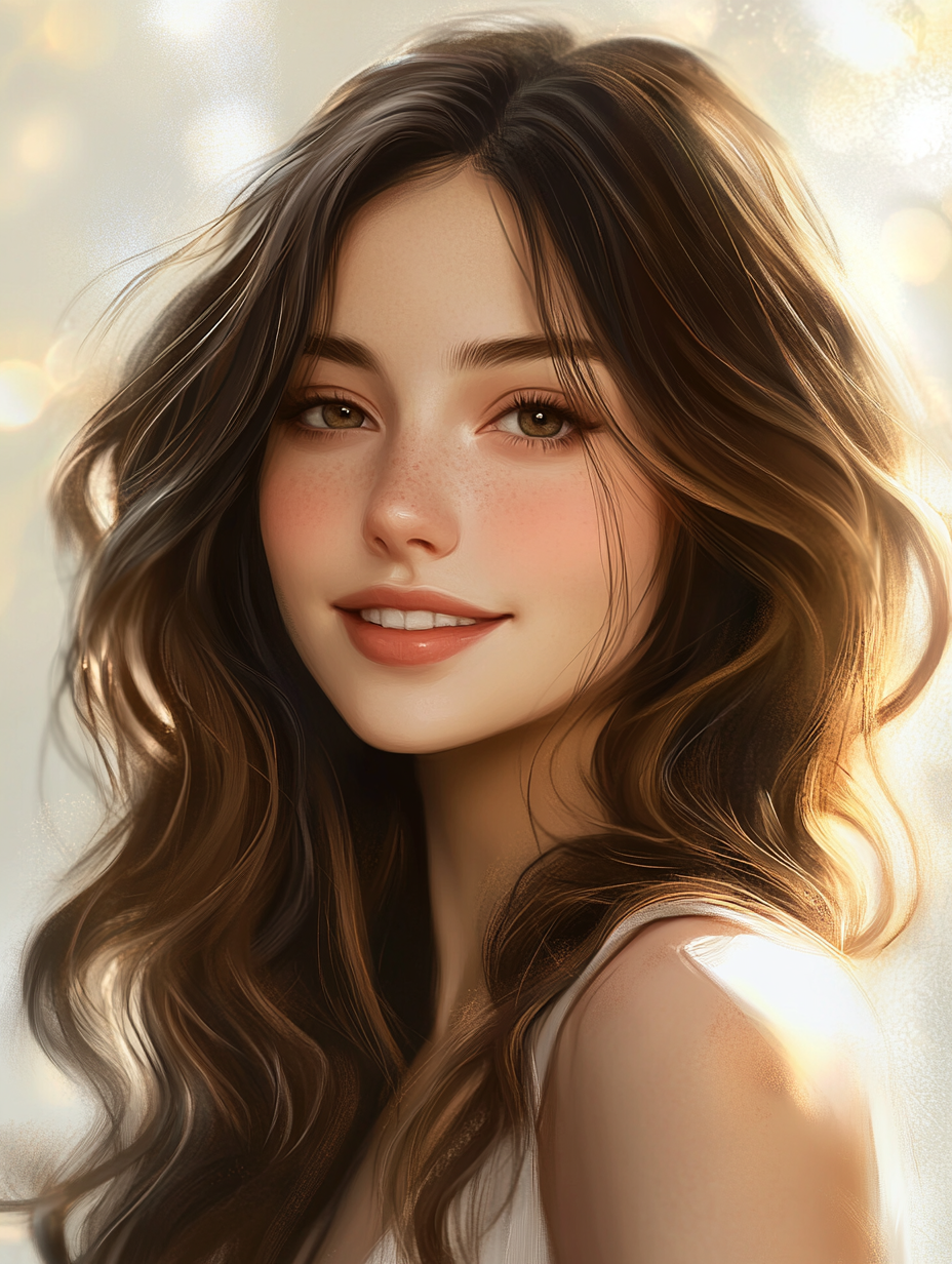 Young woman with wavy hair in anime style portrait.