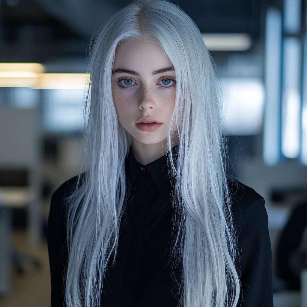 Young woman with white hair dressed in black.