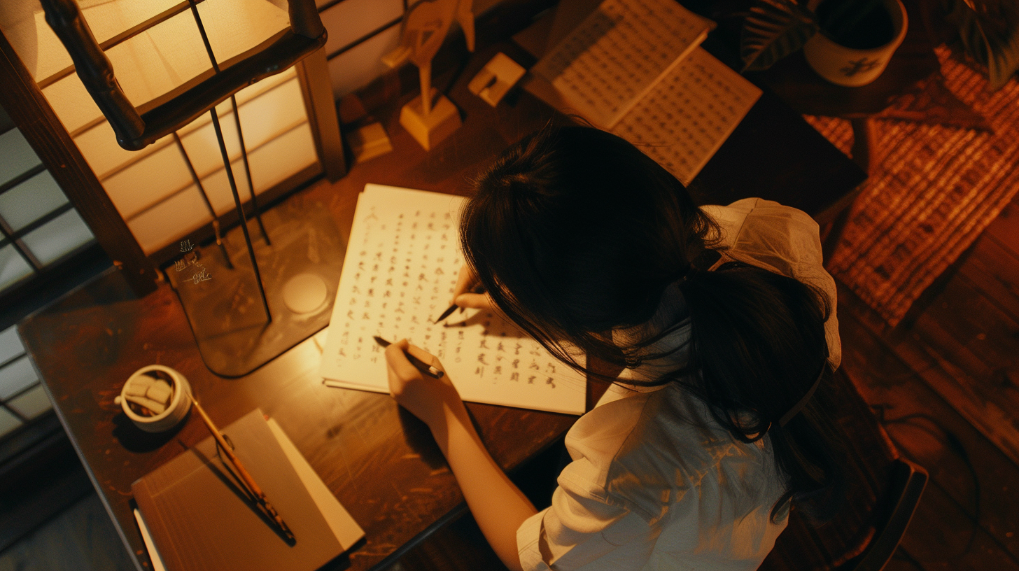 Young woman writes Japanese in warm, cinematic room.