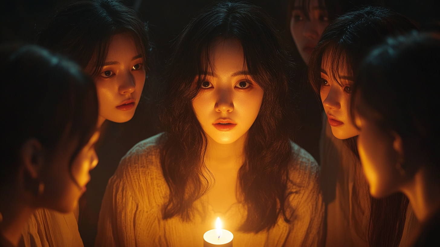 Young women gather around candle in dark room.