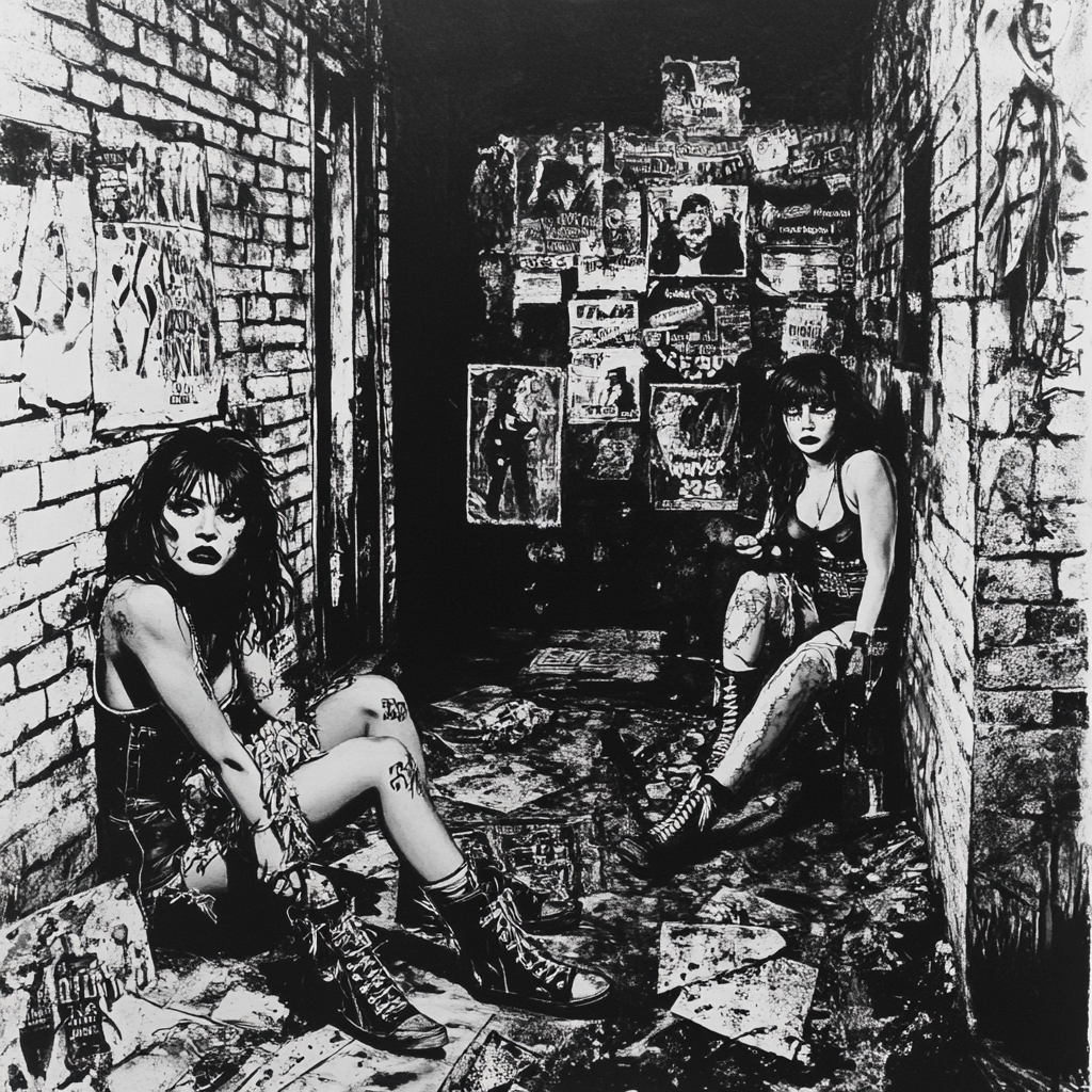 Young women in punk attire walk down alleyway