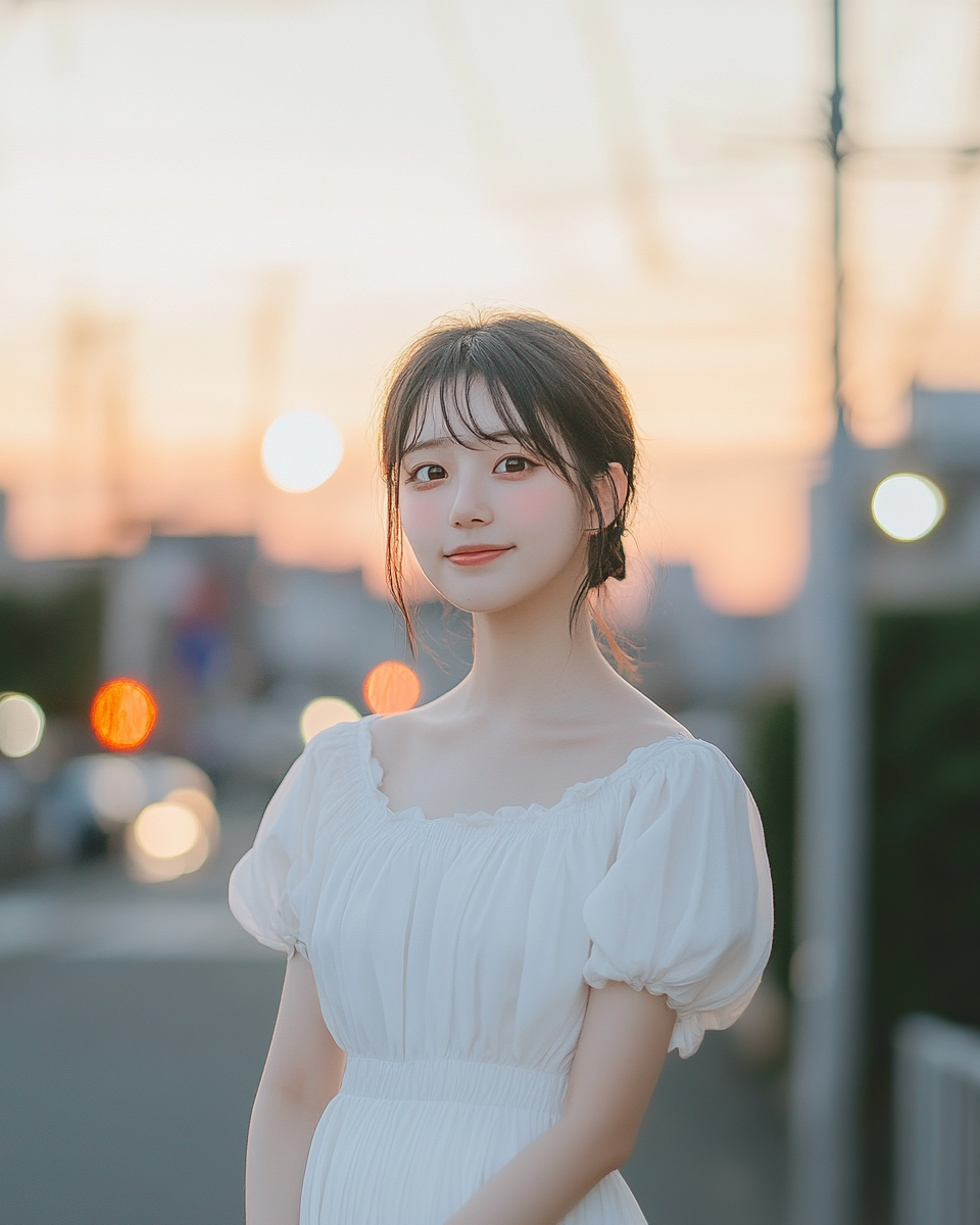 Youthful Japanese idol in city at sunset, confident stance.