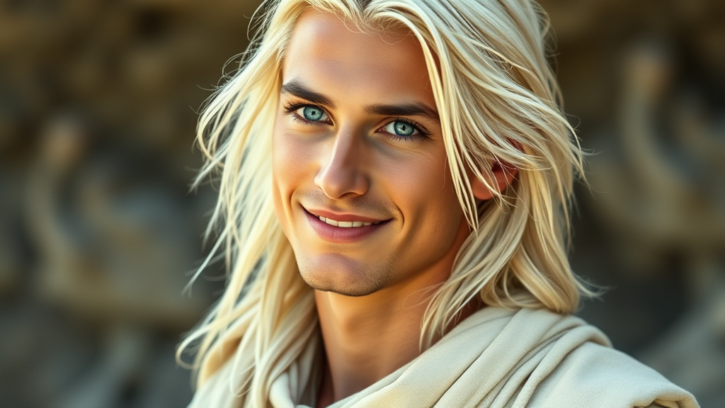 Youthful Man with Platinum Hair in Tribal Attire