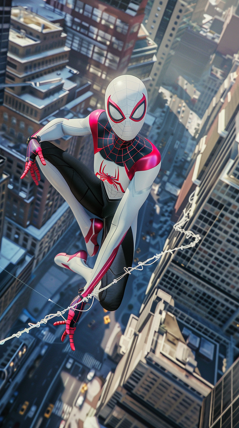 Youthful determination in pink and white Ghost-Spider suit.