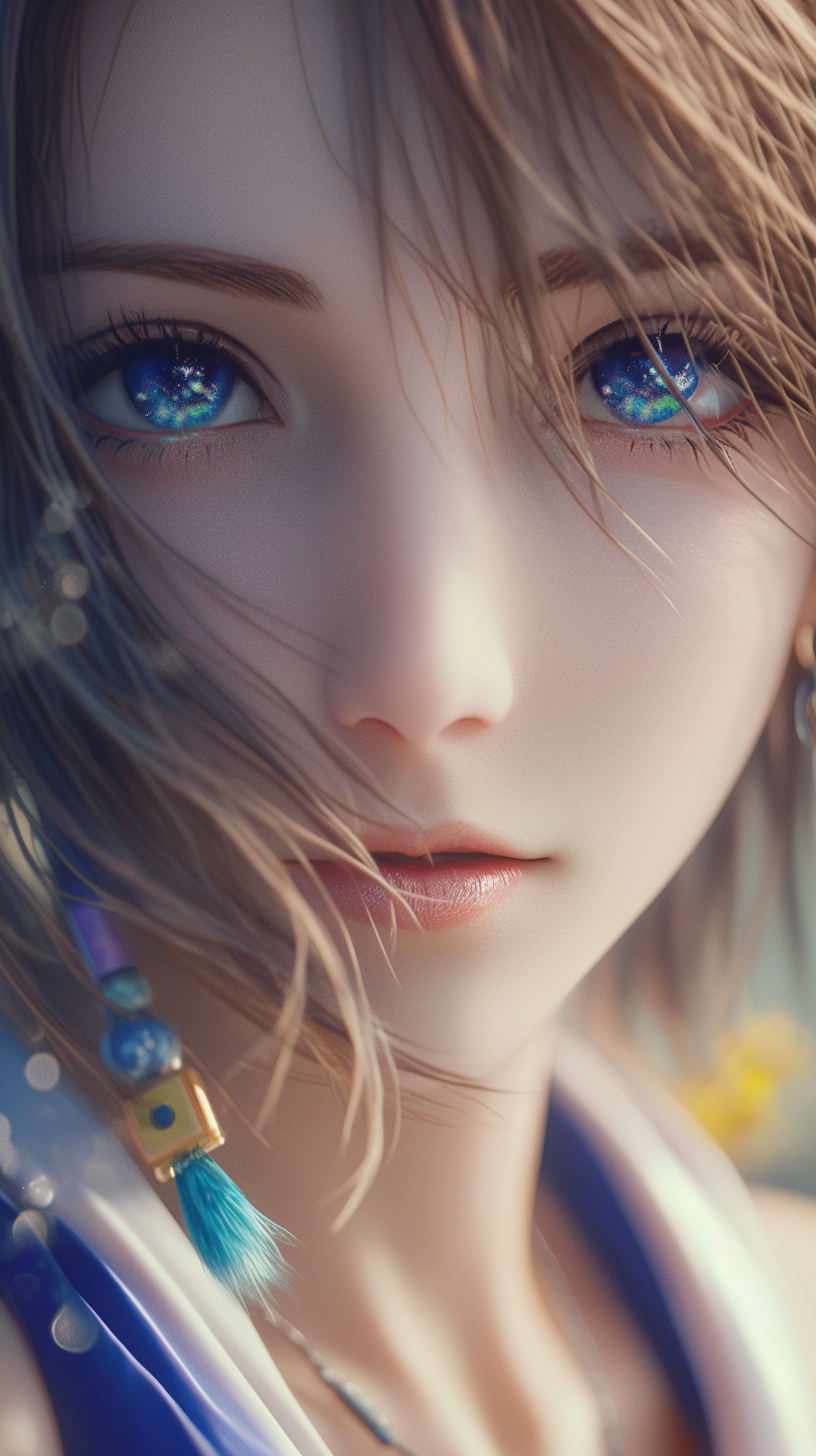 Yuna from Final Fantasy X, hyper realistic portrait, Canon Eos r50.