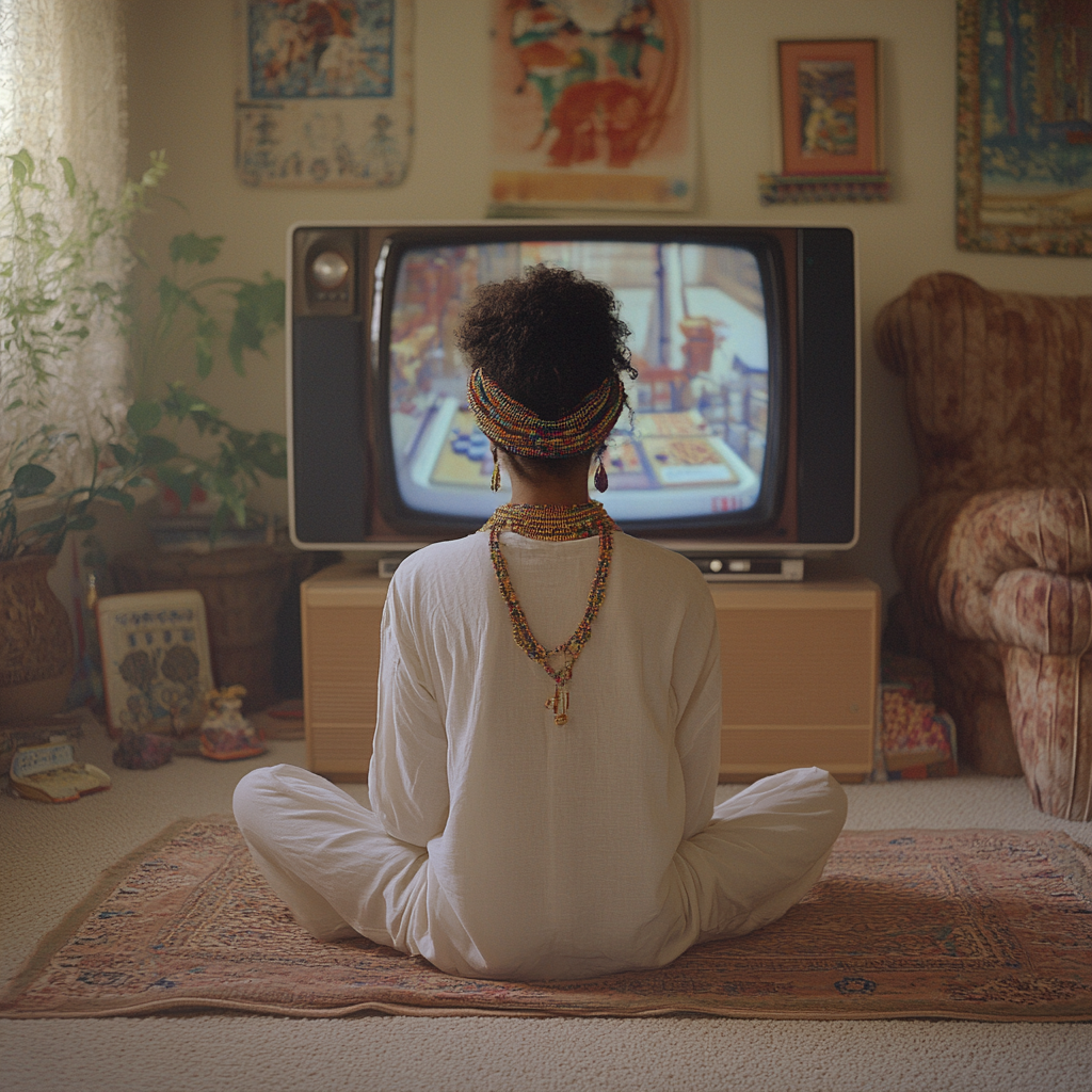 Zaha Ali, 7, plays Atari in culturally blended room.