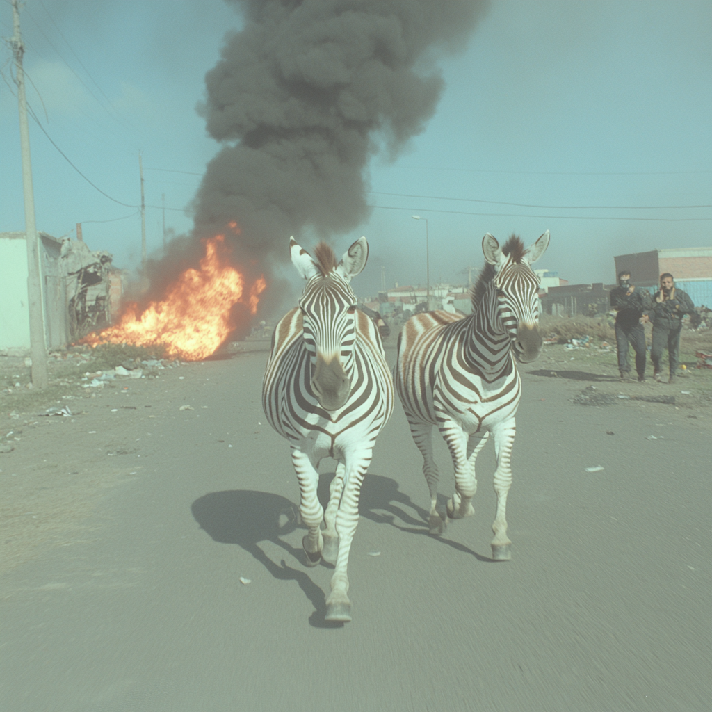 Zebras run in Turkish neighborhood with gangsters, fires.