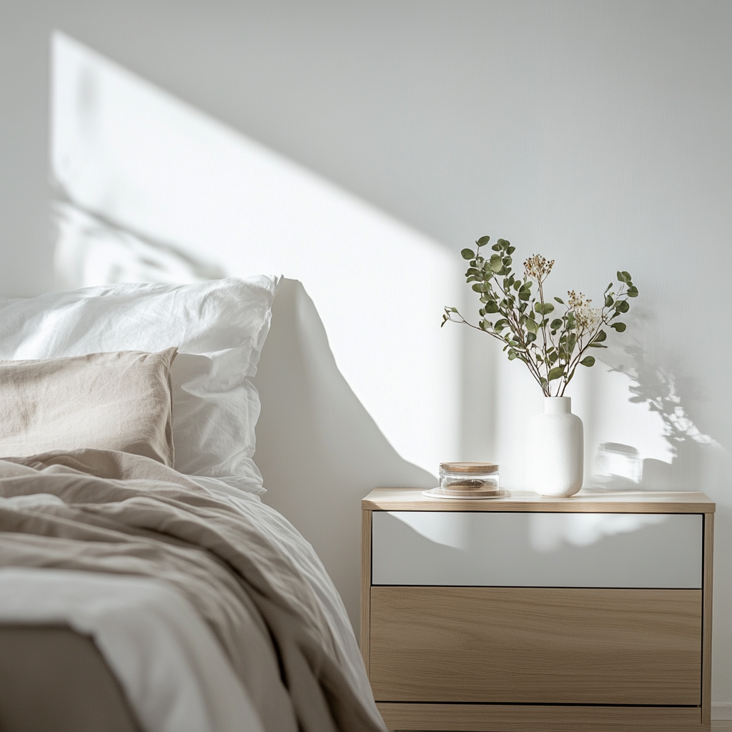 Zen bedroom with smooth white wall and minimalist dresser.