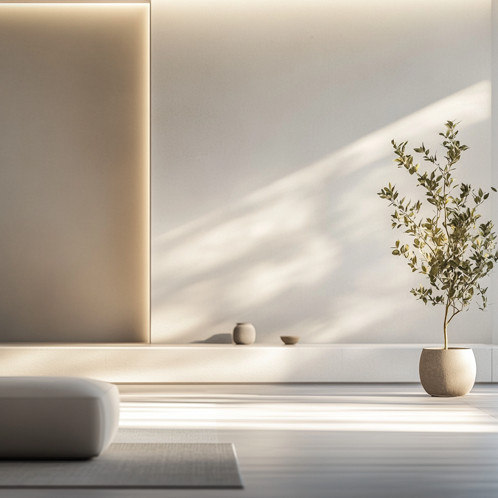 Zen living room with clean white wall, soft lighting.