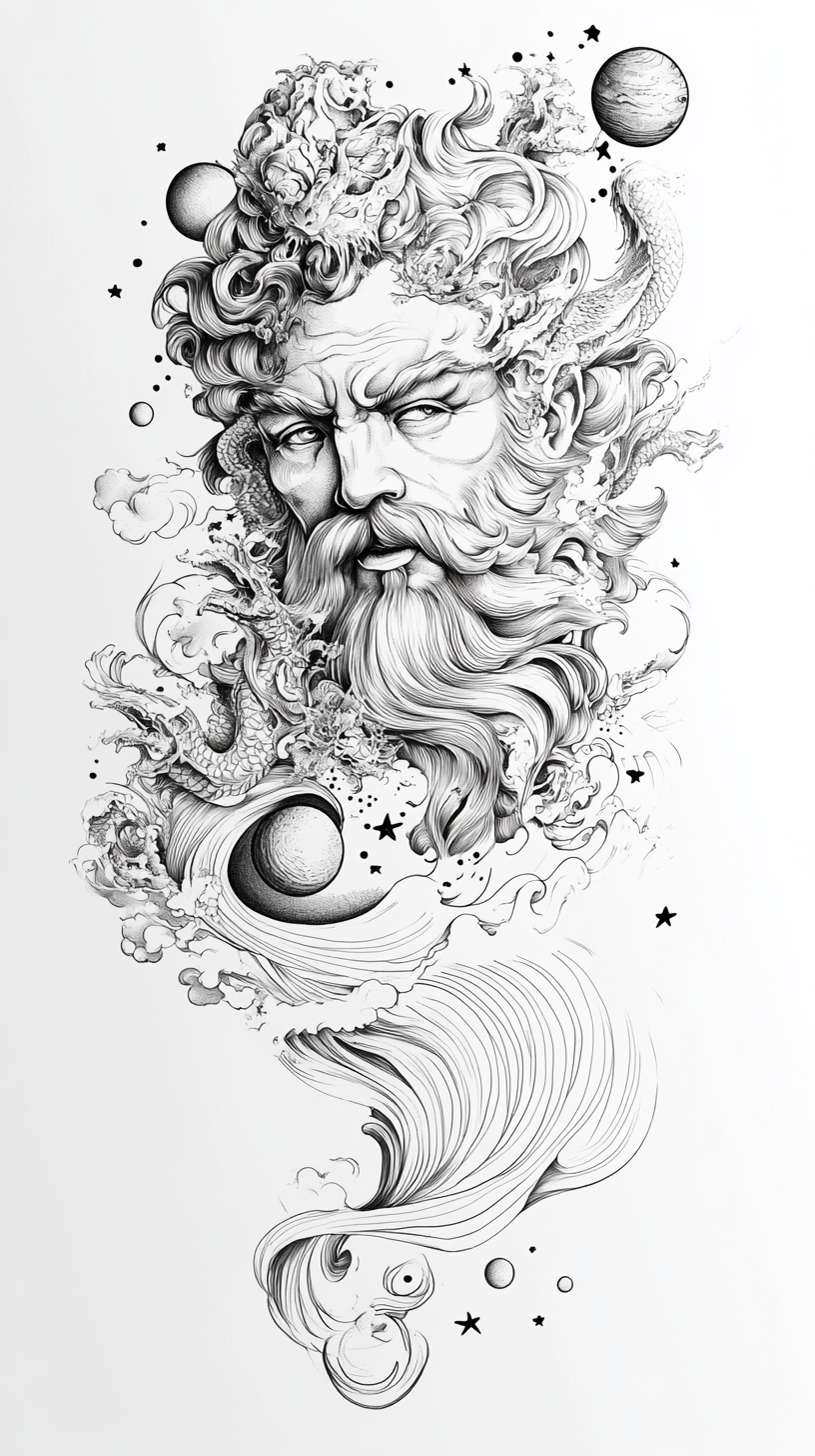 Tattoo Art Zeus, dragon, planets, stars, waves