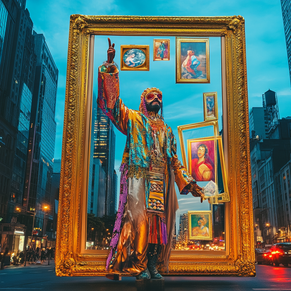 Zoltar breaks through art frame in city twilight.