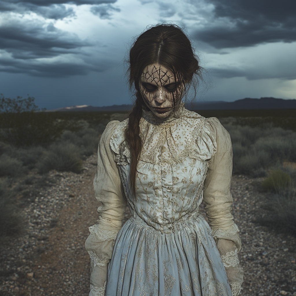 Zombie 20-year-old frontier woman on ghostly desert trail.