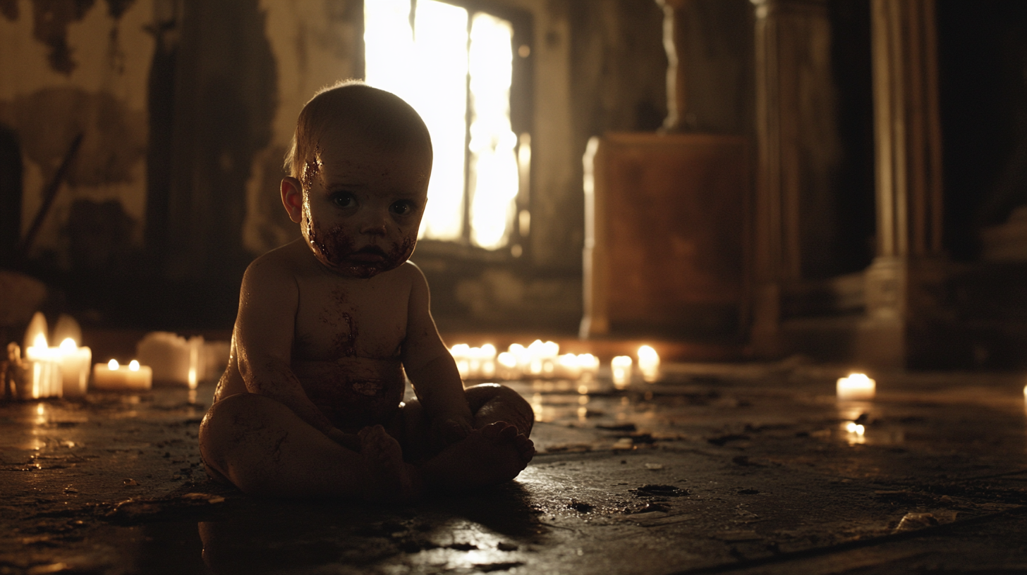 Zombie baby looks demonic on filthy house floor.