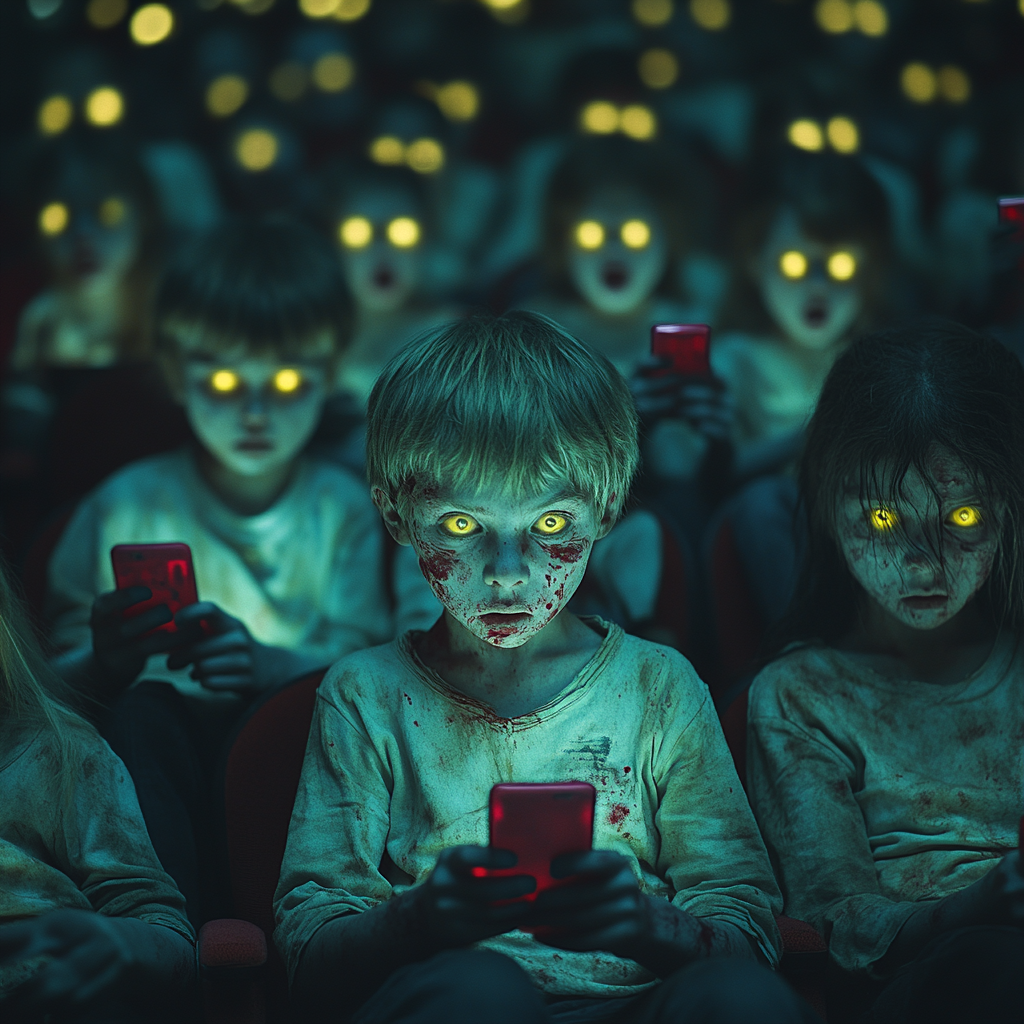 Zombie children staring at cell phones in dark theater.