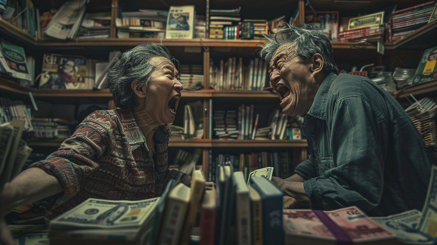 Zombie couple arguing in dramatic lighting with money notes.