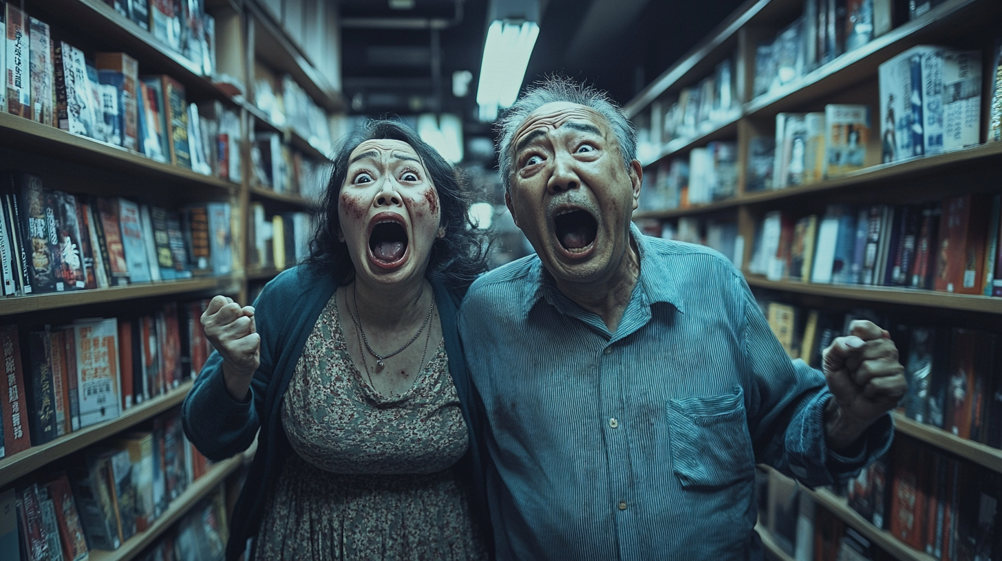 Zombie couple yelling at bookstore customers, dramatic lighting scene.