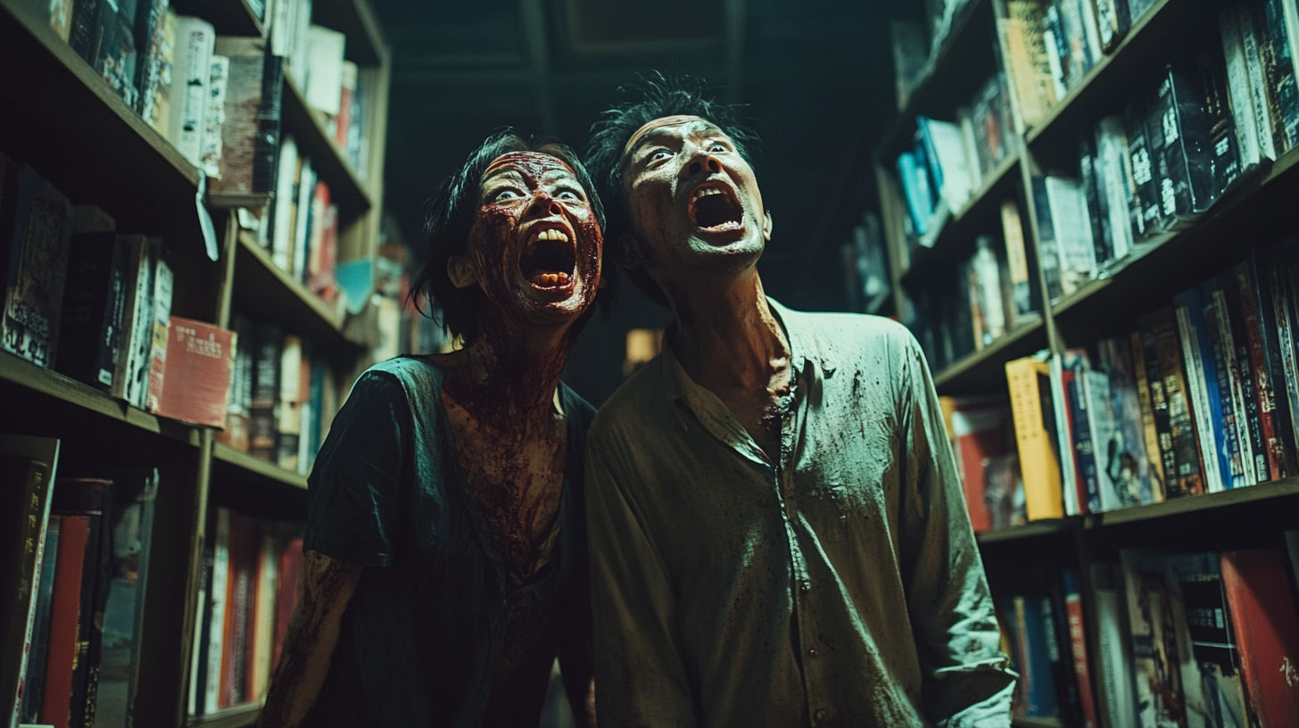 Zombie couple yelling at customers in dramatic bookstore scene.