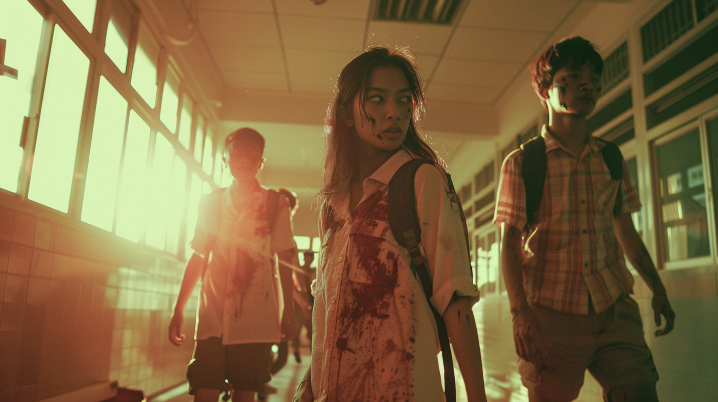 Zombie-infected high school scene in pink sunset.