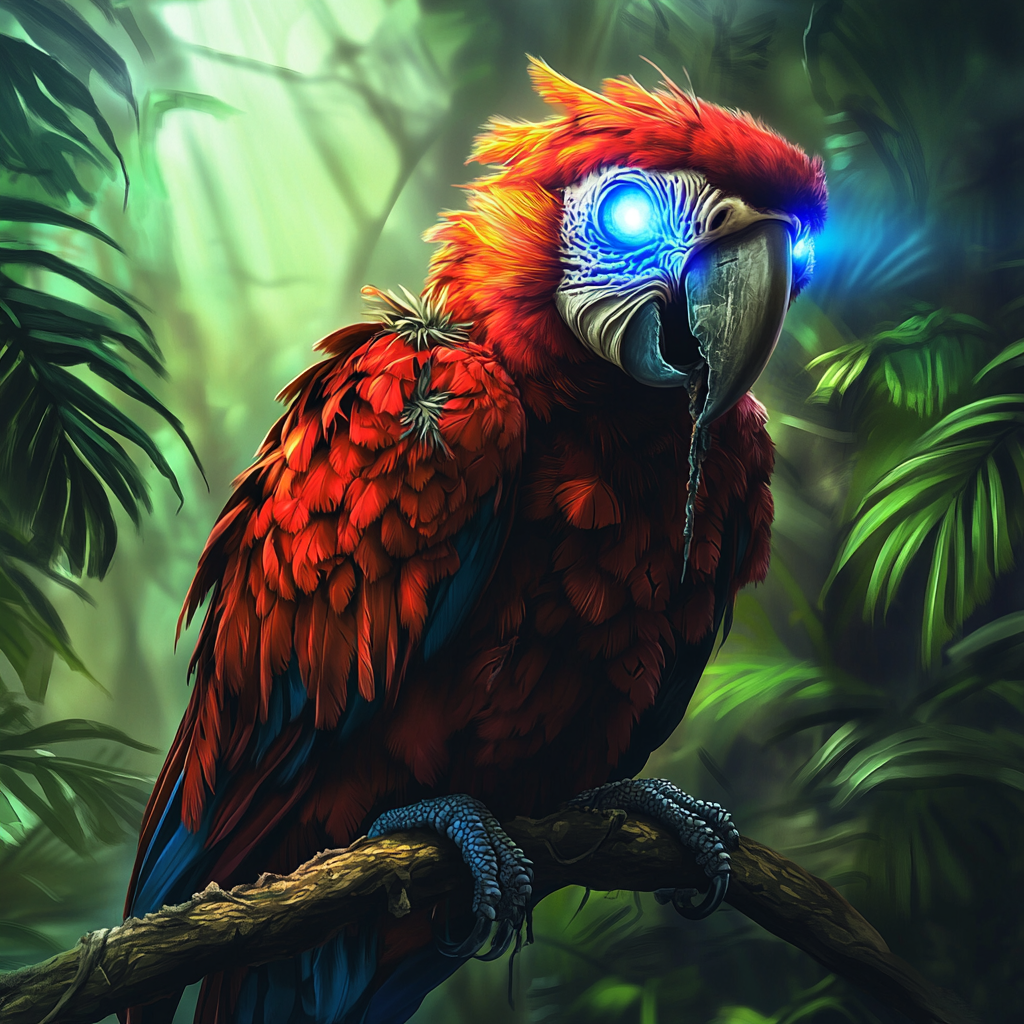 Zombie macaw parrot with glowing blue eyes. Perched branch.