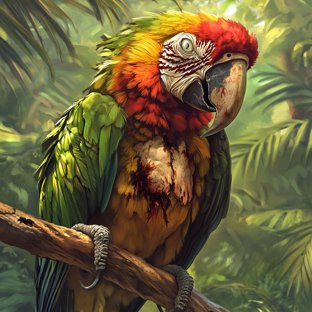 Zombie macaw parrot with ruffled feathers, missing skin.