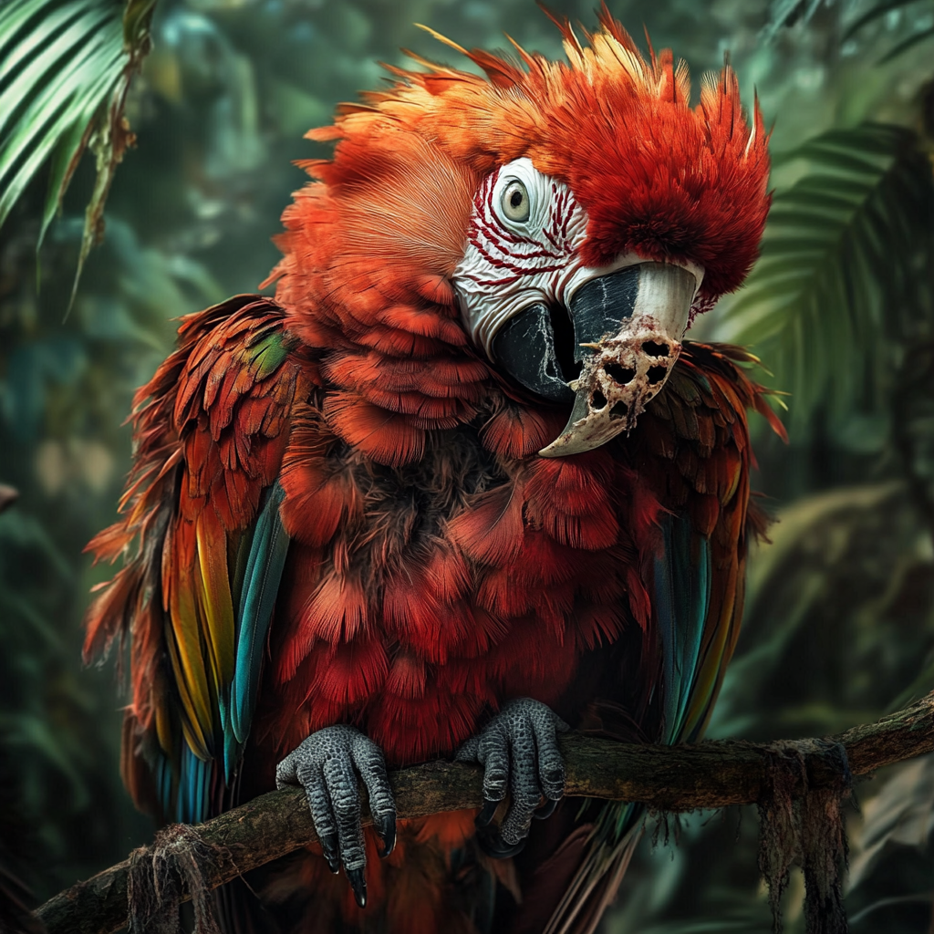 Zombie macaw with ruffled feathers perched on branch.