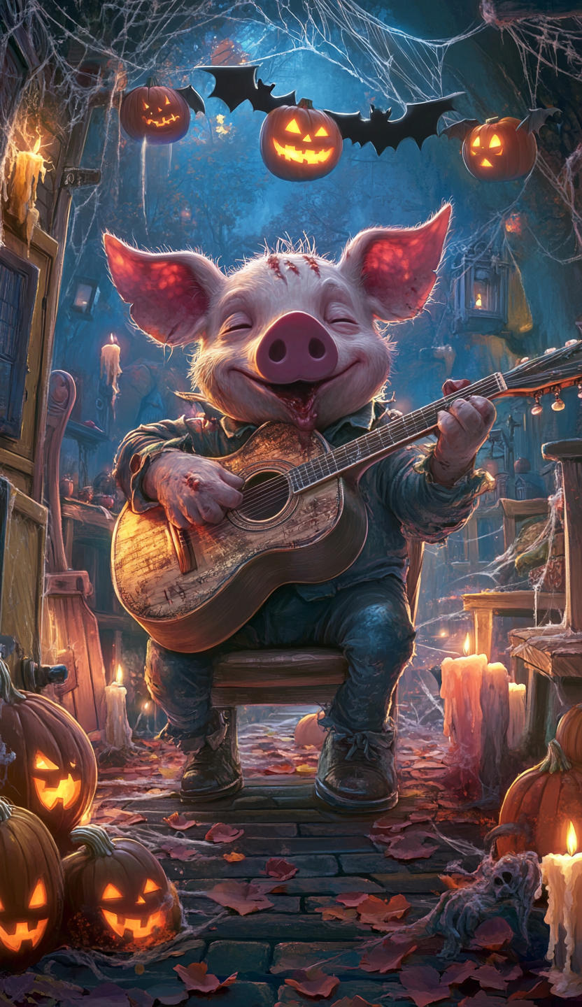 Zombie pig plays guitar in haunted house