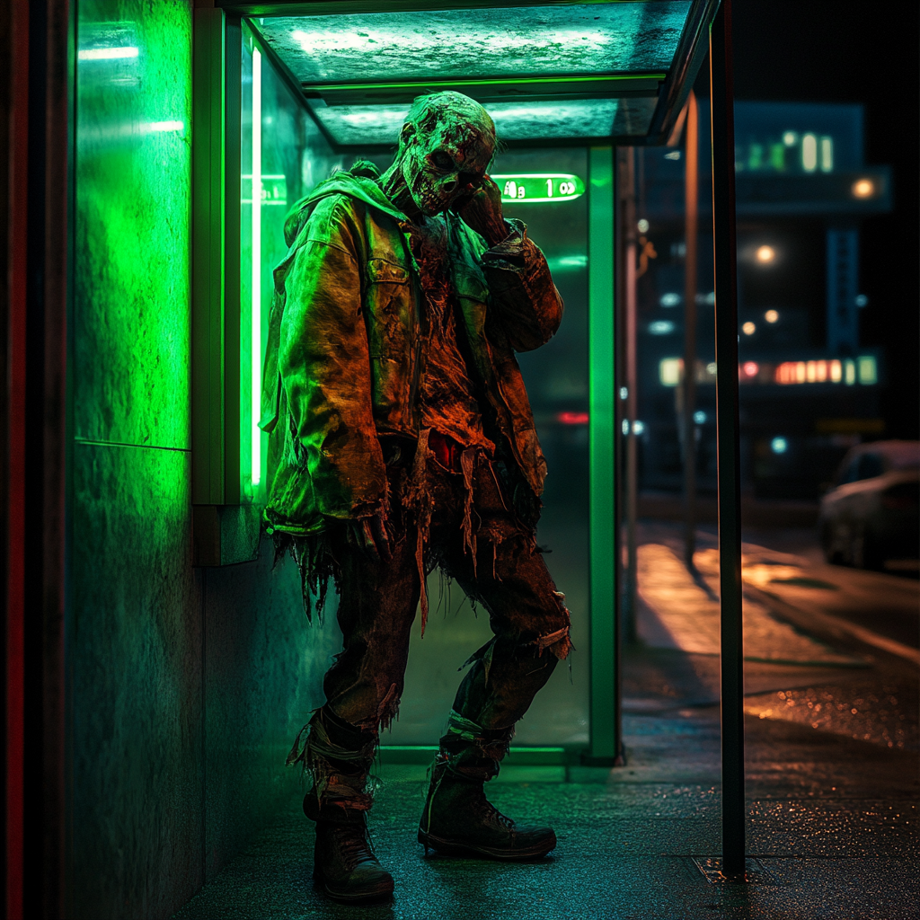 Zombie waiting at bus stop in dark night