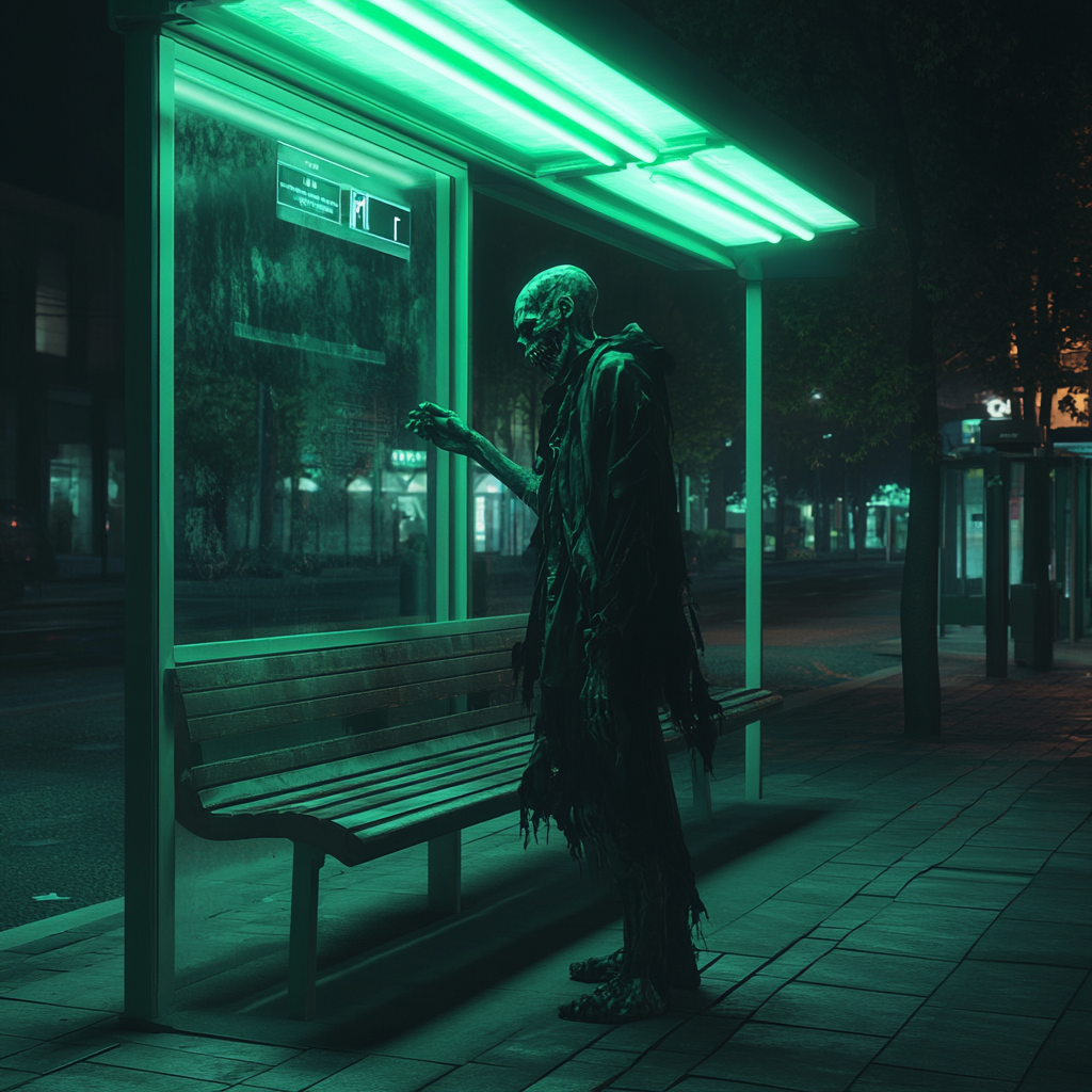 Zombie without head at bus stop at night