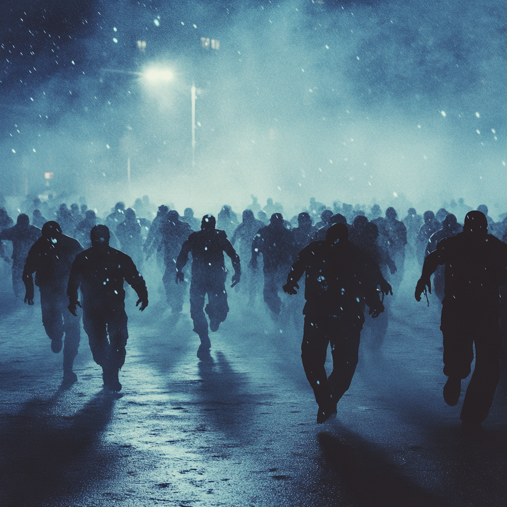 Zombies Running in Snowstorm: David Fincher Style