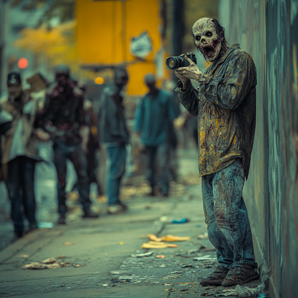 Zombies in Big City Taking Photos of Injured Man.