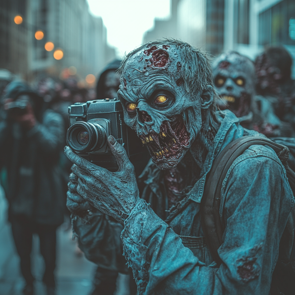 Zombies in City Taking Photos of Hurt Man.