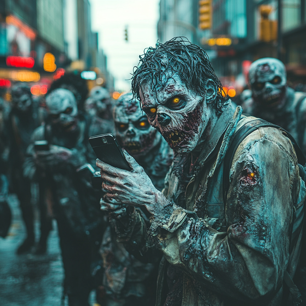 Zombies in city taking pictures of injured man.