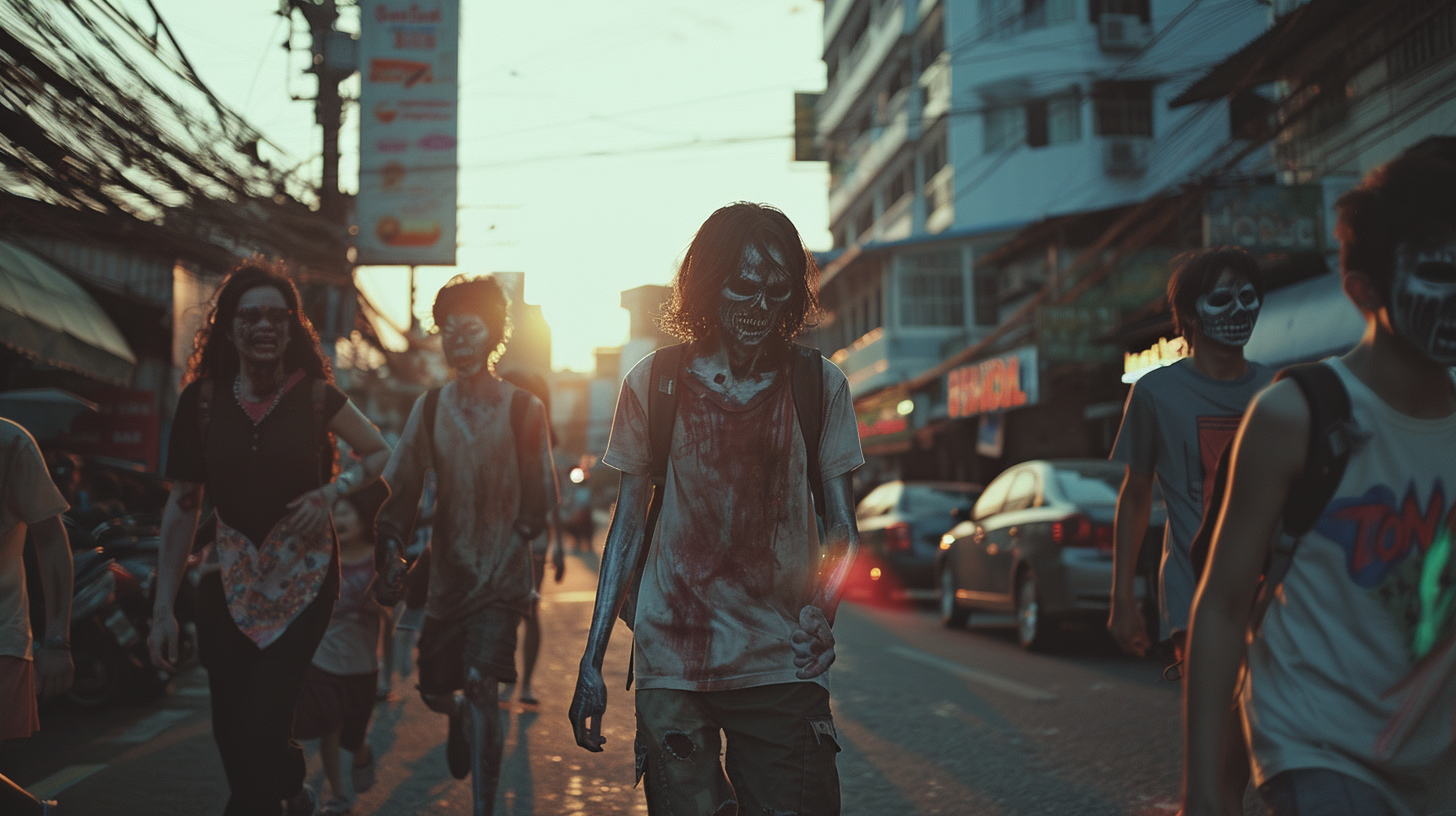 Zombies running at dawn in Bangkok, pastel colors.