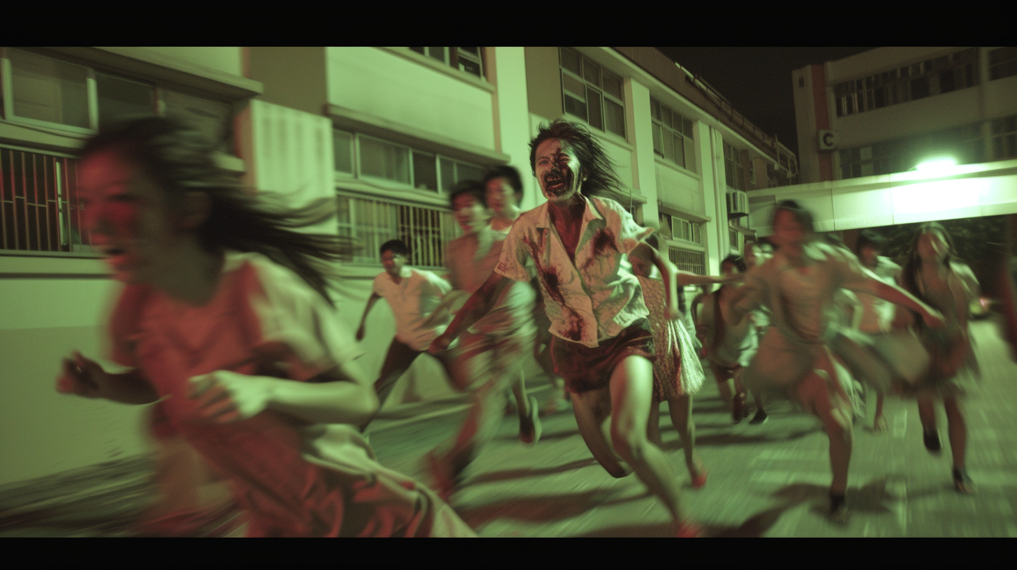 Zombies running under pink moon in Bangkok school.